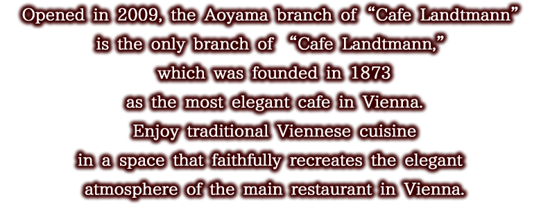 Opened in 2009, the Aoyama branch of “Cafe Landtmann” is the only branch of “Cafe Landtmann”, which was founded in 1873 as the most elegant cafe in Vienna. Enjoy traditional Viennese cuisine in a space that faithfully recreates the elegant atmosphere of the main restaurant in Vienna.